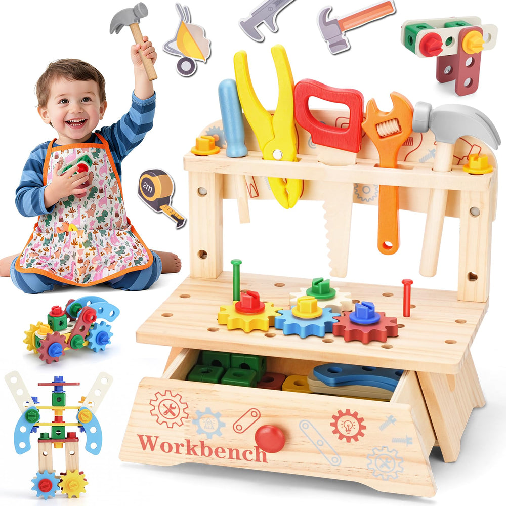 REXBETI wooden tool bench for kids offers safe pretend play and fine motor practice.