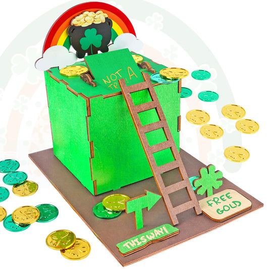 RGJ Leprechaun Trap Kit for kids, wooden parts ready for assembly.