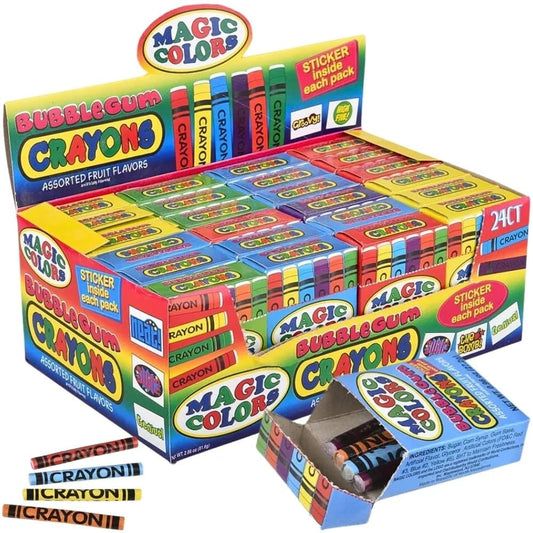 Rhode Island Novelty Magic Colors bubble gum crayons 24-pack on box front for vibrant creative play.