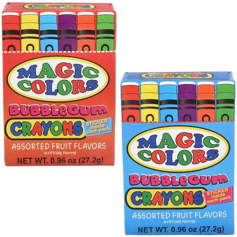 Rhode Island Novelty Magic Colors bubble gum crayons 24-pack colors spilled illustrates rainbow potential.