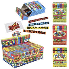 Rhode Island Novelty Magic Colors bubble gum crayons 24-pack crayons fanned display reveals vibrant hues.