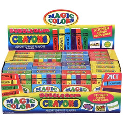 Rhode Island Novelty Magic Colors bubble gum crayons 24-pack packaging detail shows safety labeling.