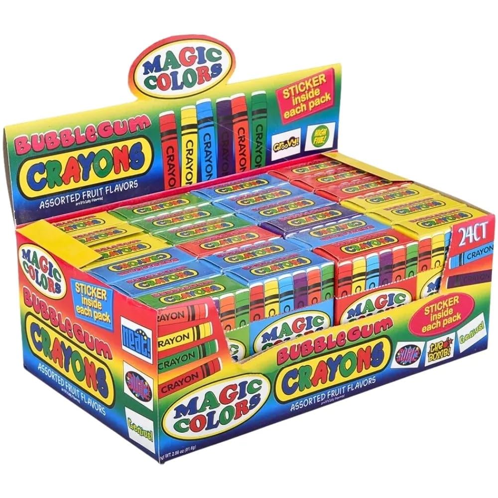 Rhode Island Novelty Magic Colors bubble gum crayons 24-pack rainbow palette inspires creative coloring.