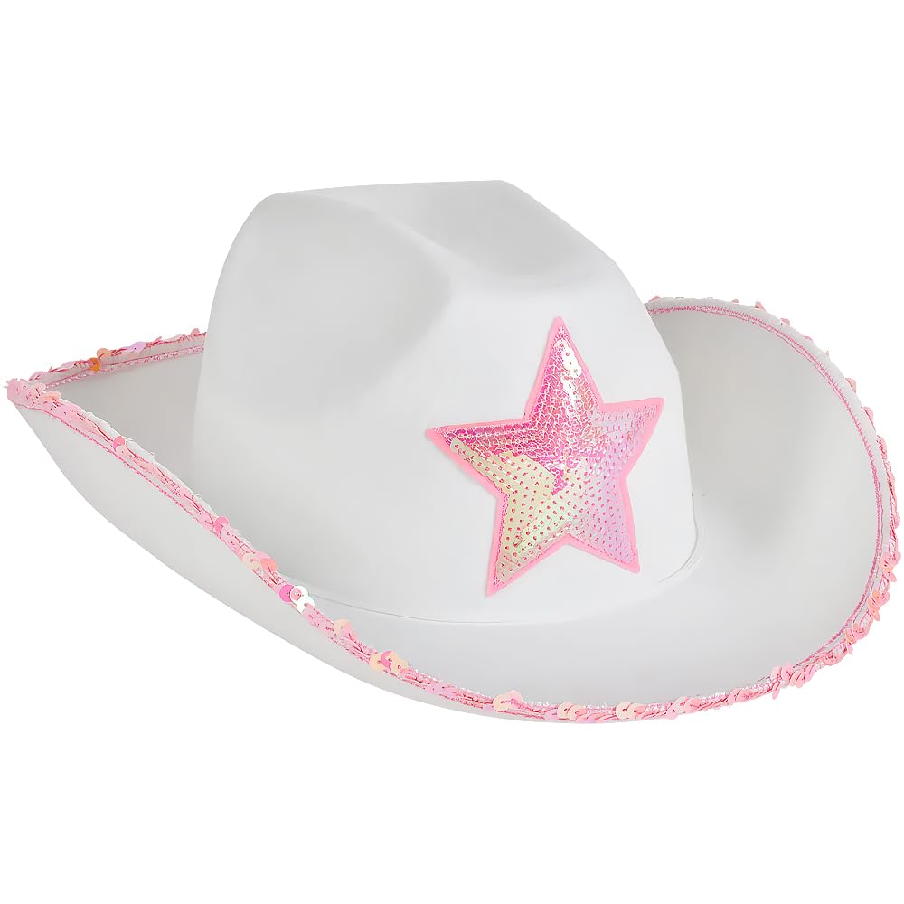 Rhode Island Novelty white felt cowgirl hat with pink star and sequin rim for party costumes.
