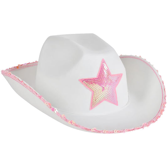 Rhode Island Novelty white felt cowgirl hat with pink star and sequin rim for party costumes.