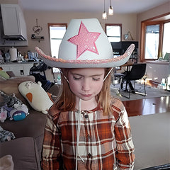Rhode Island Novelty white felt cowgirl hat worn by kids for imaginative play.