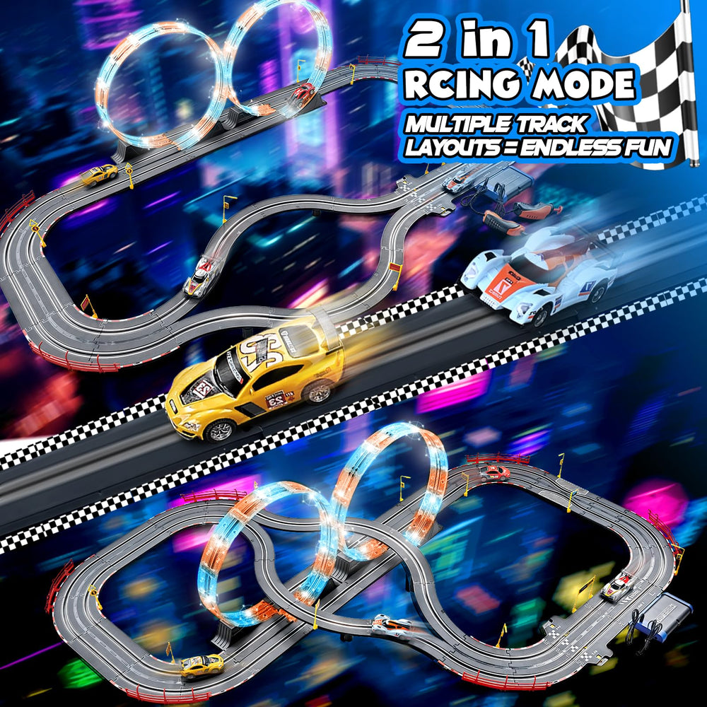 RIANEAN slot track dual cars high-speed showcases fast-paced competition with two controllers.