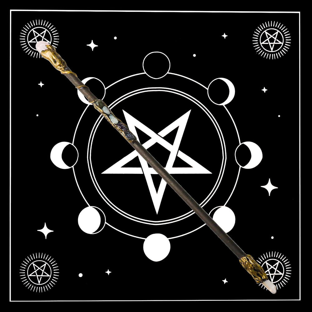 Rich Boxer crystal wand on display highlighting wood and gemstone fusion