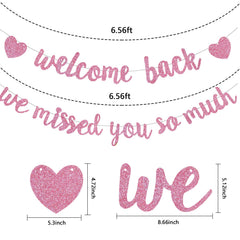 RICHHHA Glitter Pink Welcome Back banner displayed indoors as a warm party backdrop.