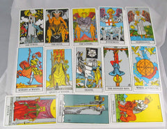 Rider-Waite major arcana closeup showcases iconic symbolism.