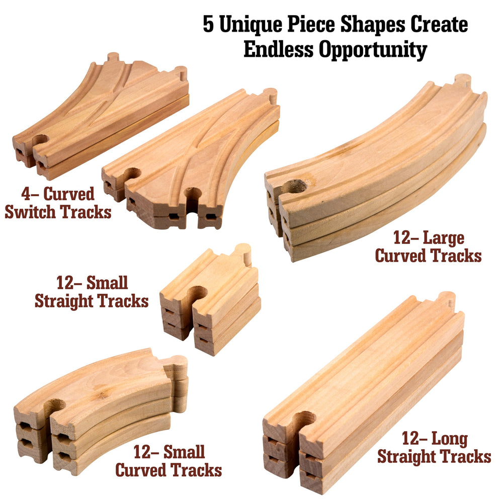 Right Track Toys curved wooden track for smooth corner routing.