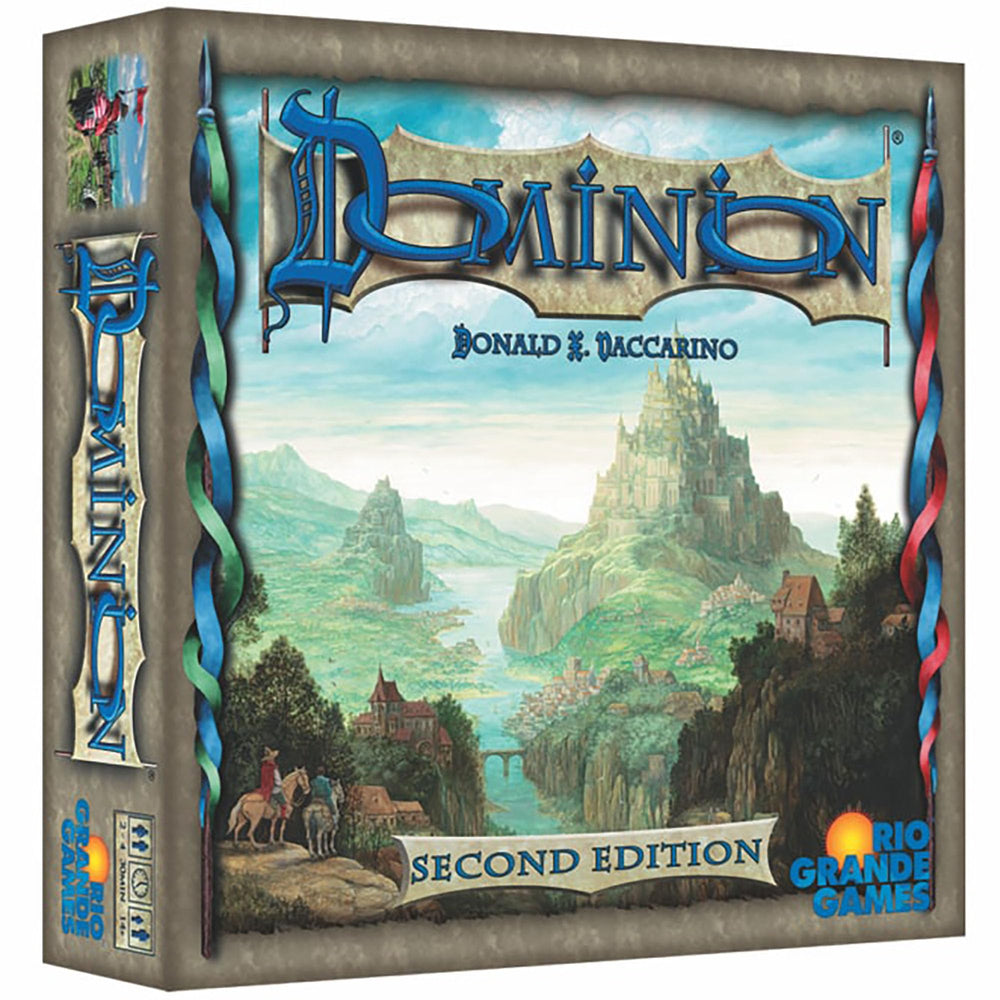Rio Grande Games Dominion 2nd Edition box cover with updated artwork for immersive setup.