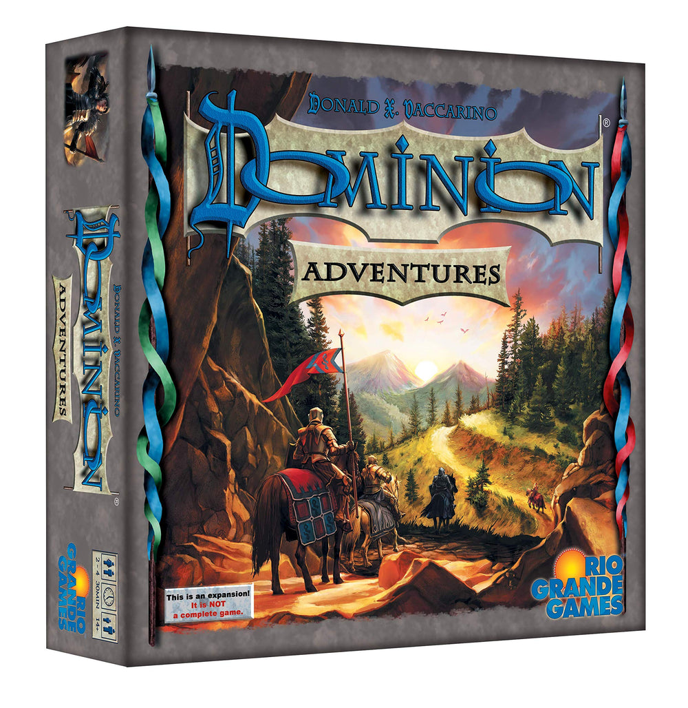 Rio Grande Games Dominion Adventures game gold cover, ideal for family game nights and collectors.