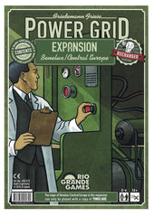 Rio Grande Games Power Grid expansion box art shows Benelux and Central Europe for varied play.
