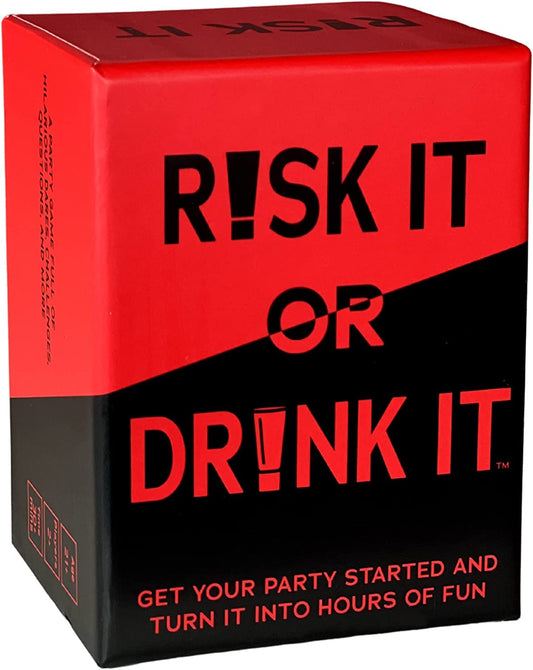 Risk It Or Drink It card deck on table, boosting party energy and laughs.