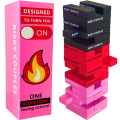 Risky Couples stacking tower game setup with premium wooden blocks for playful date nights.