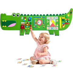 Rivibou Crocodile Busy Board front view promotes independent play and fine motor skill building