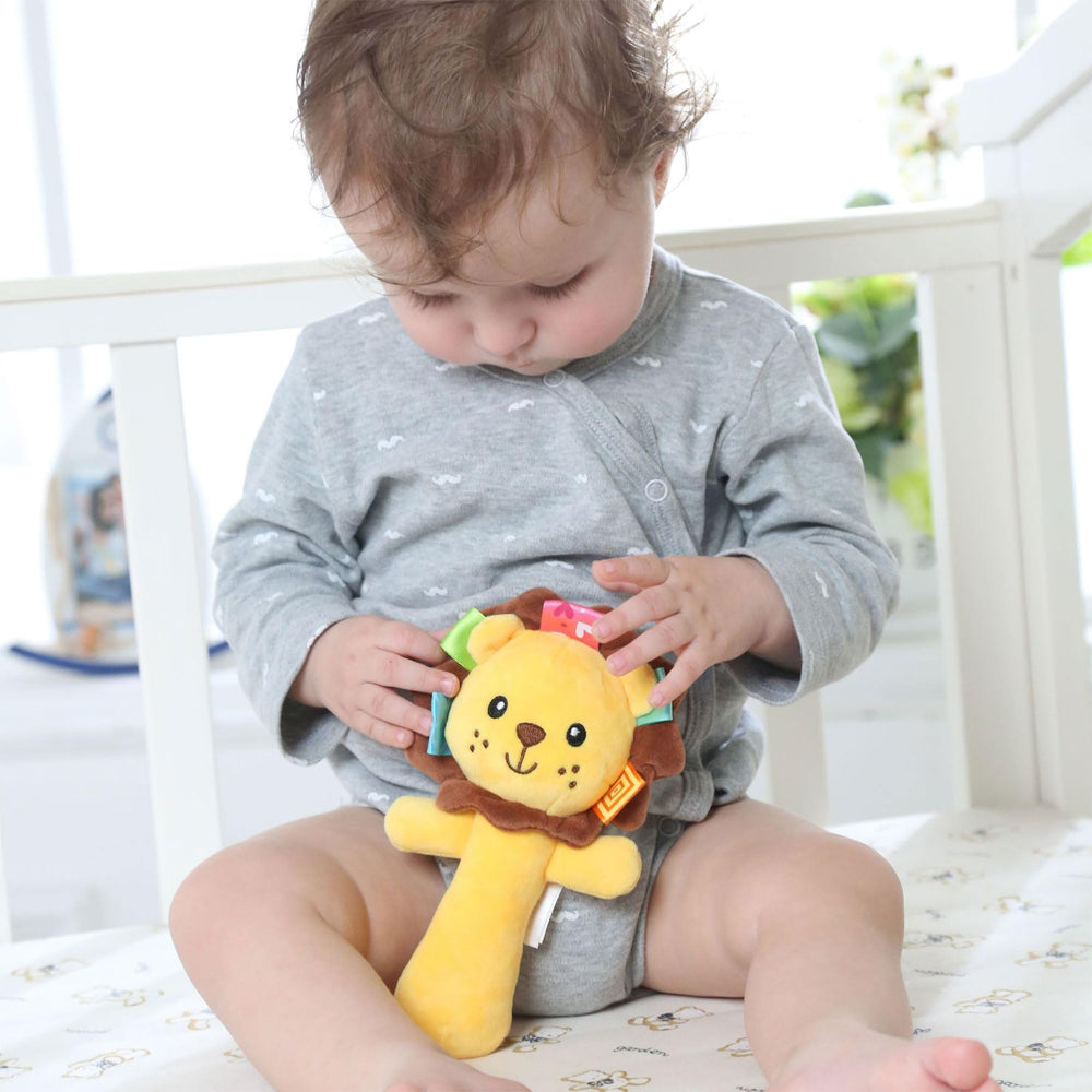 RIY plush lion face close-up highlighting friendly design for engaging baby attention