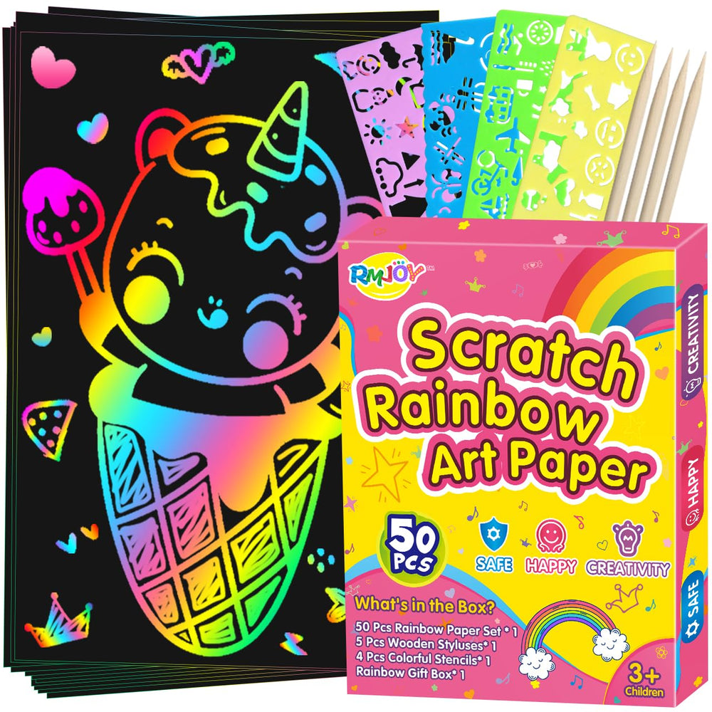 RMJOY Rainbow Scratch Paper Set with vibrant sheets sparks imaginative drawing