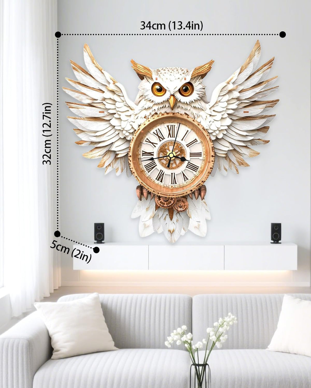Rnfinewow Snowy Owl Clock pendulum close-up with authentic motion