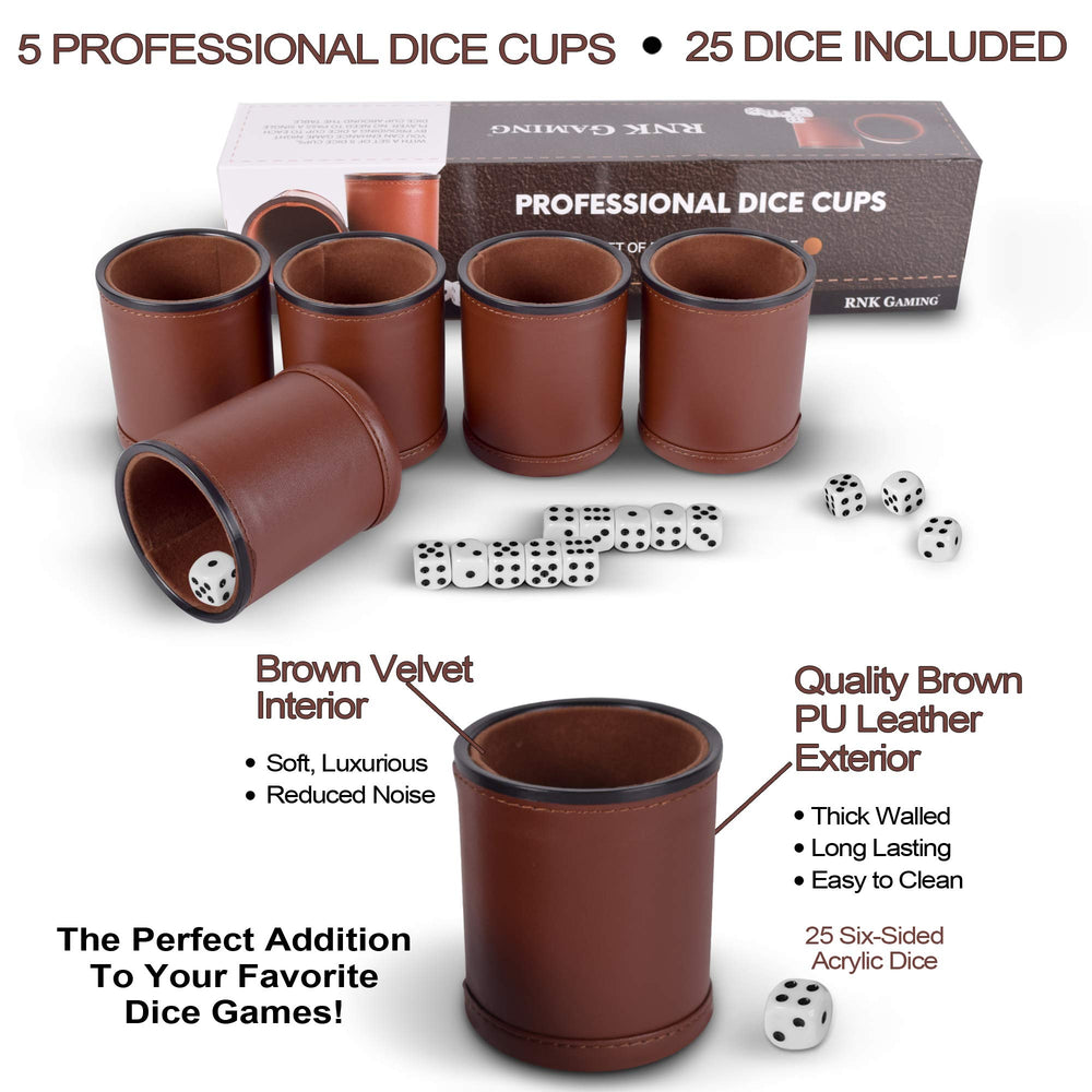 RNK Gaming 5-pack dice cups arranged for tabletop gaming.