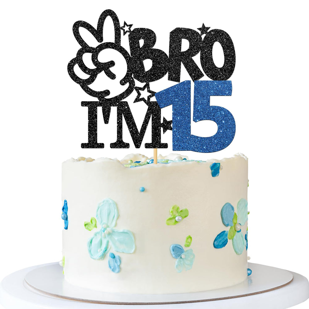 RoadSea Brother I'm 15 cake topper in black glitter for a 15th birthday cake