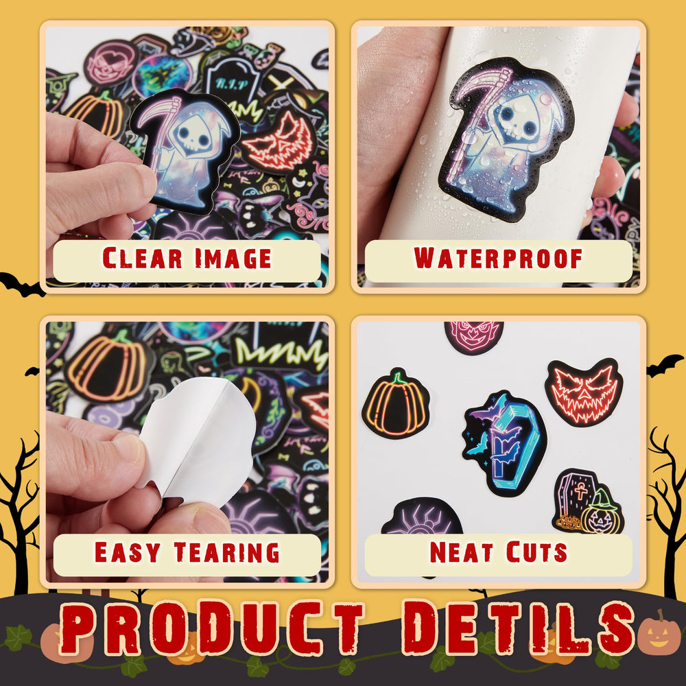 Robmoda neon Halloween cat stickers adorn backpacks with eye-catching color