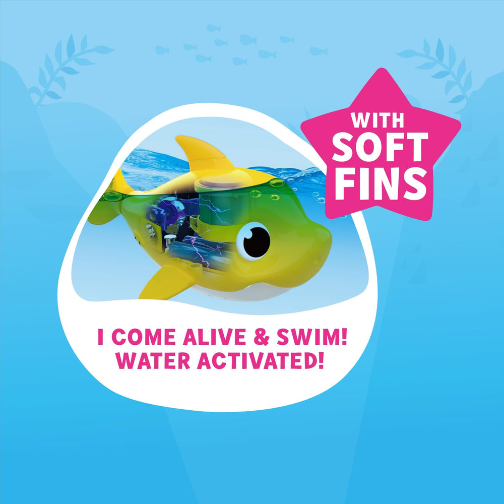 Robo Alive Junior Baby Shark yellow in bath demonstrating water-activated motion.
