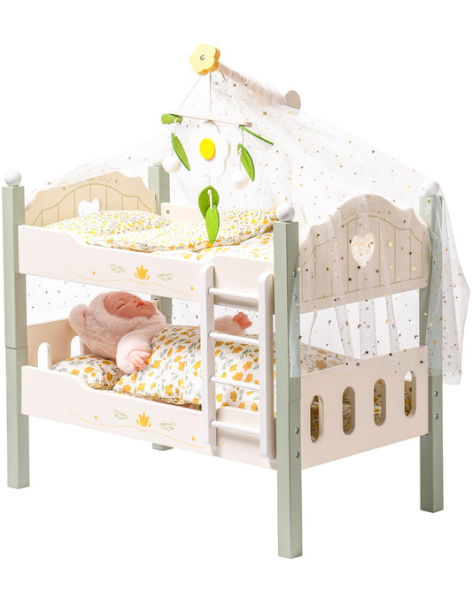 ROBOTIME baby doll bunk bed assembled for 18-inch dolls, ideal for imaginative sleepovers.