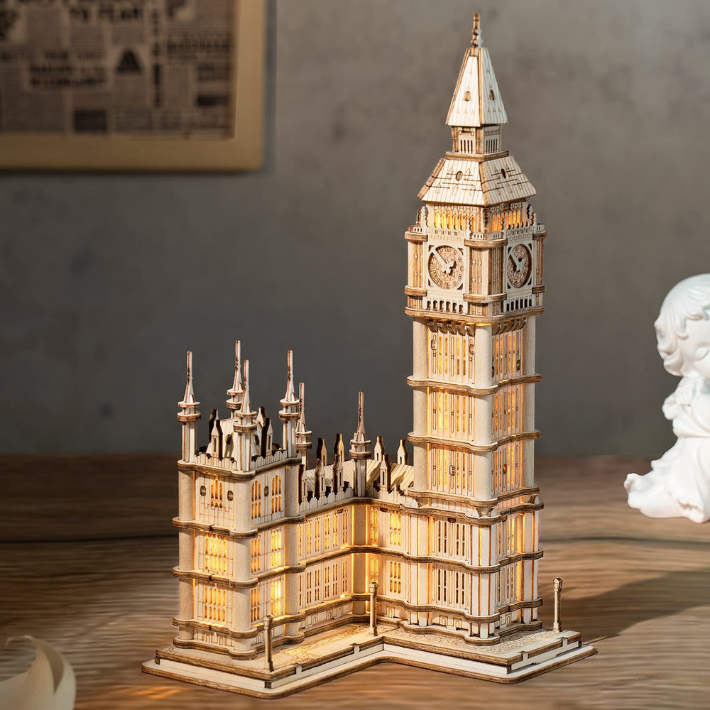 ROBOTIME Big Ben kit measures 3.9 by 4.2 by 7.5 inches.