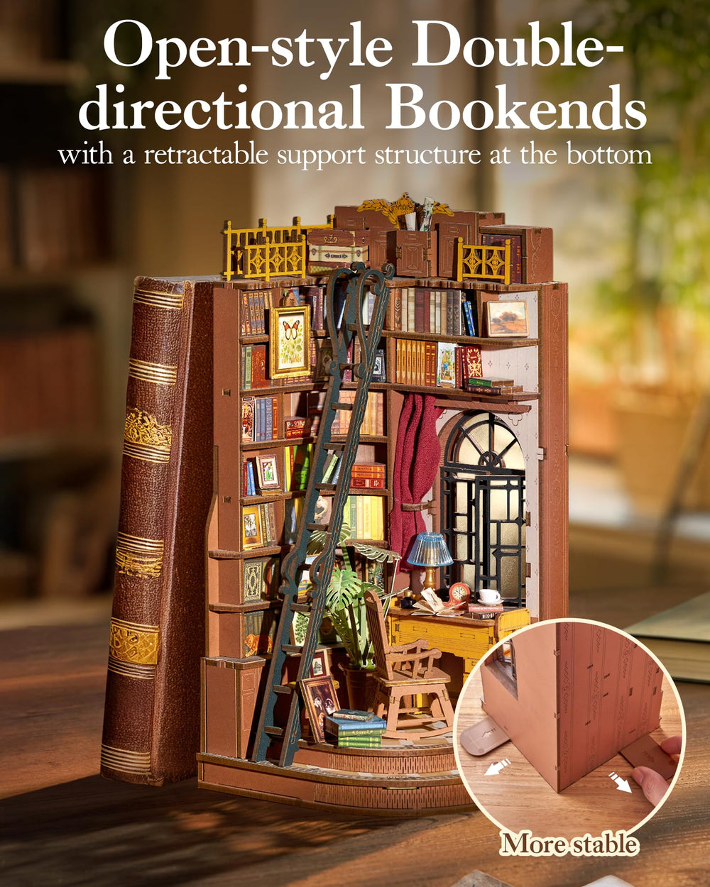 Robotime Book Nook Kit iron ladder detail adds authentic vintage charm