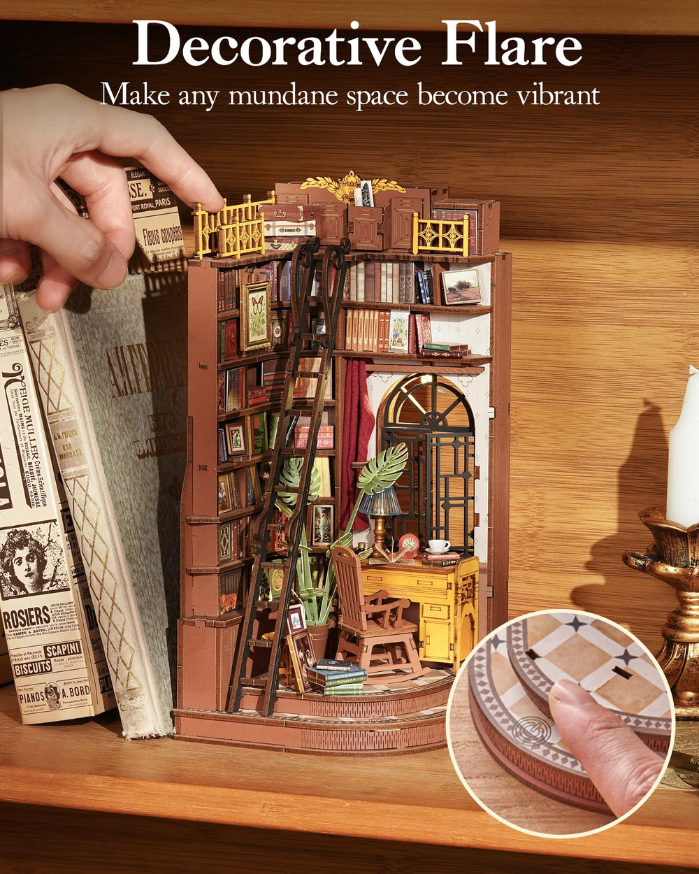 Robotime Book Nook Kit wood texture showcases craftsmanship and tactility