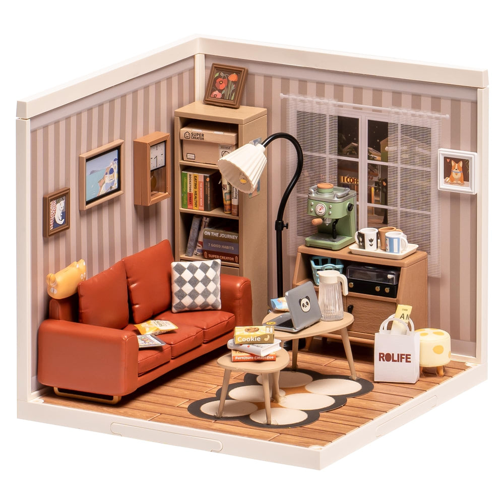 ROBOTIME Cozy Living Lounge interior with soft lighting for a charming display.