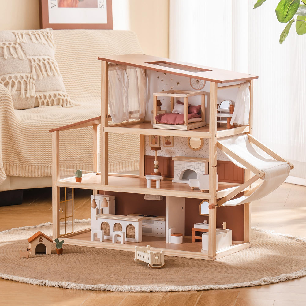 Robotime 3-story Bohemian dollhouse exterior in natural wood finish for imaginative play.
