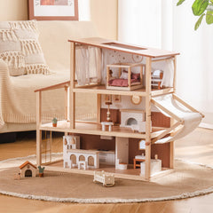 Robotime 3-story Bohemian dollhouse exterior in natural wood finish for imaginative play.