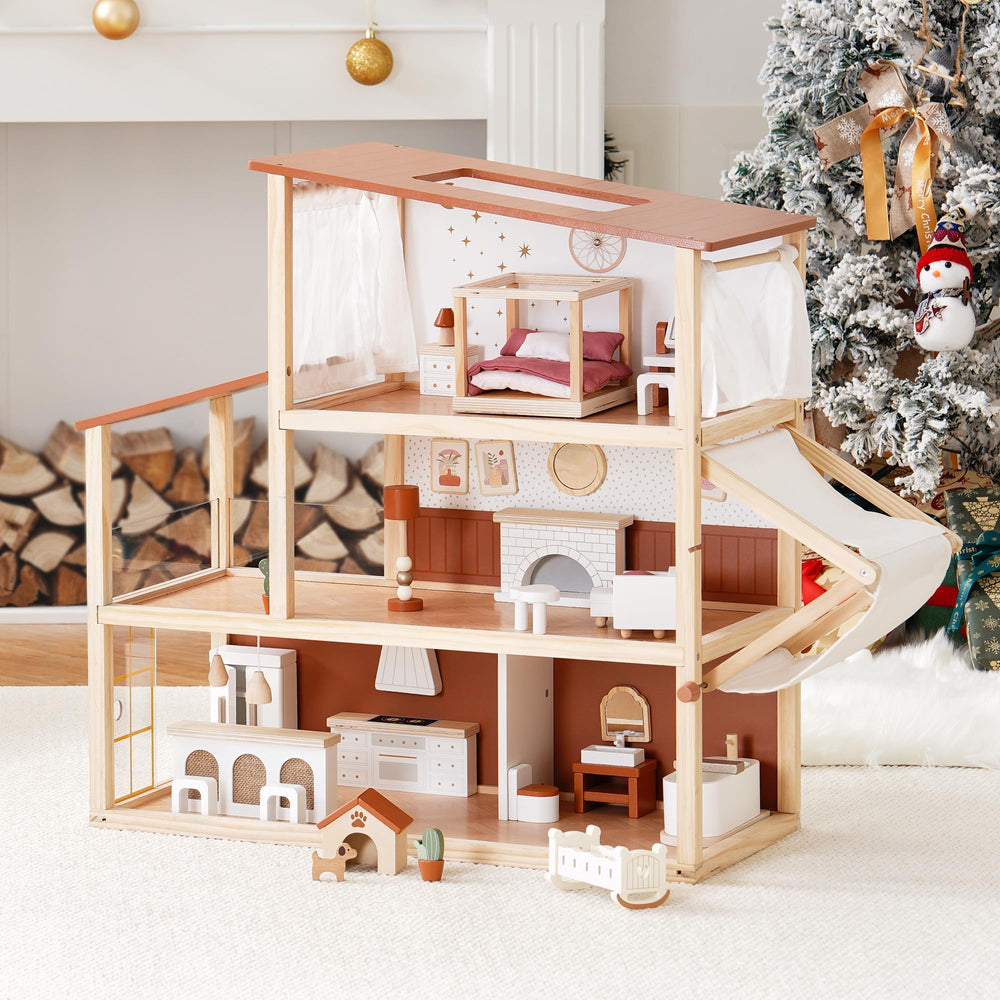 Robotime dollhouse with dog and doghouse plus baby crib for nurturing pretend play.
