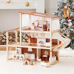 Robotime dollhouse with dog and doghouse plus baby crib for nurturing pretend play.