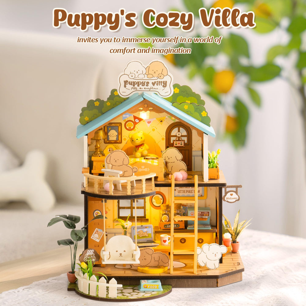 ROBOTIME Puppy's Cozy Villa LED-lit ambiance enhances mood and visual depth.