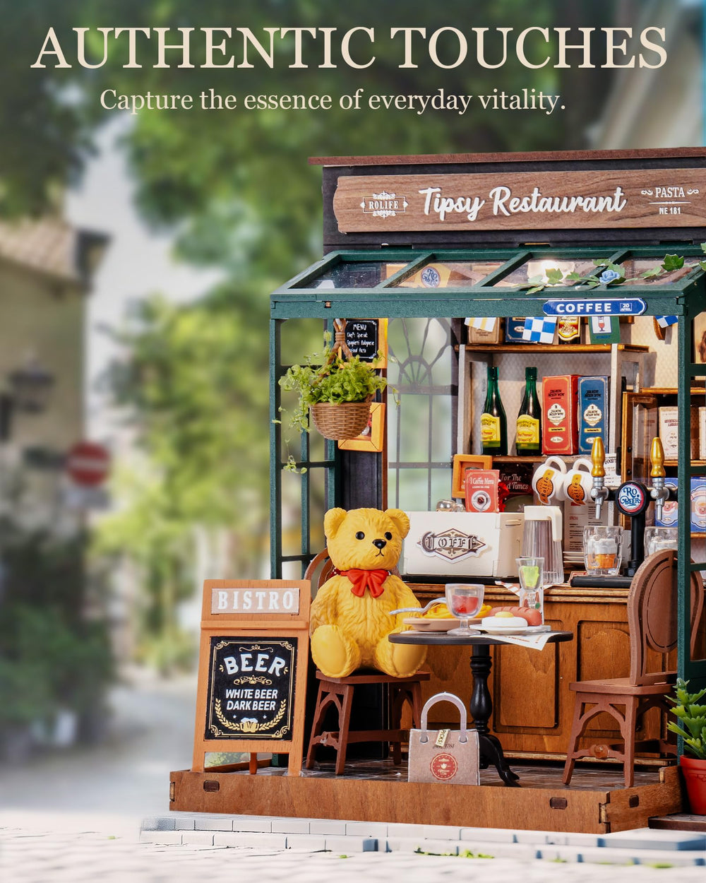 ROBOTIME Tipsy Restaurant assembly view shows slot-together ease for hobbyists