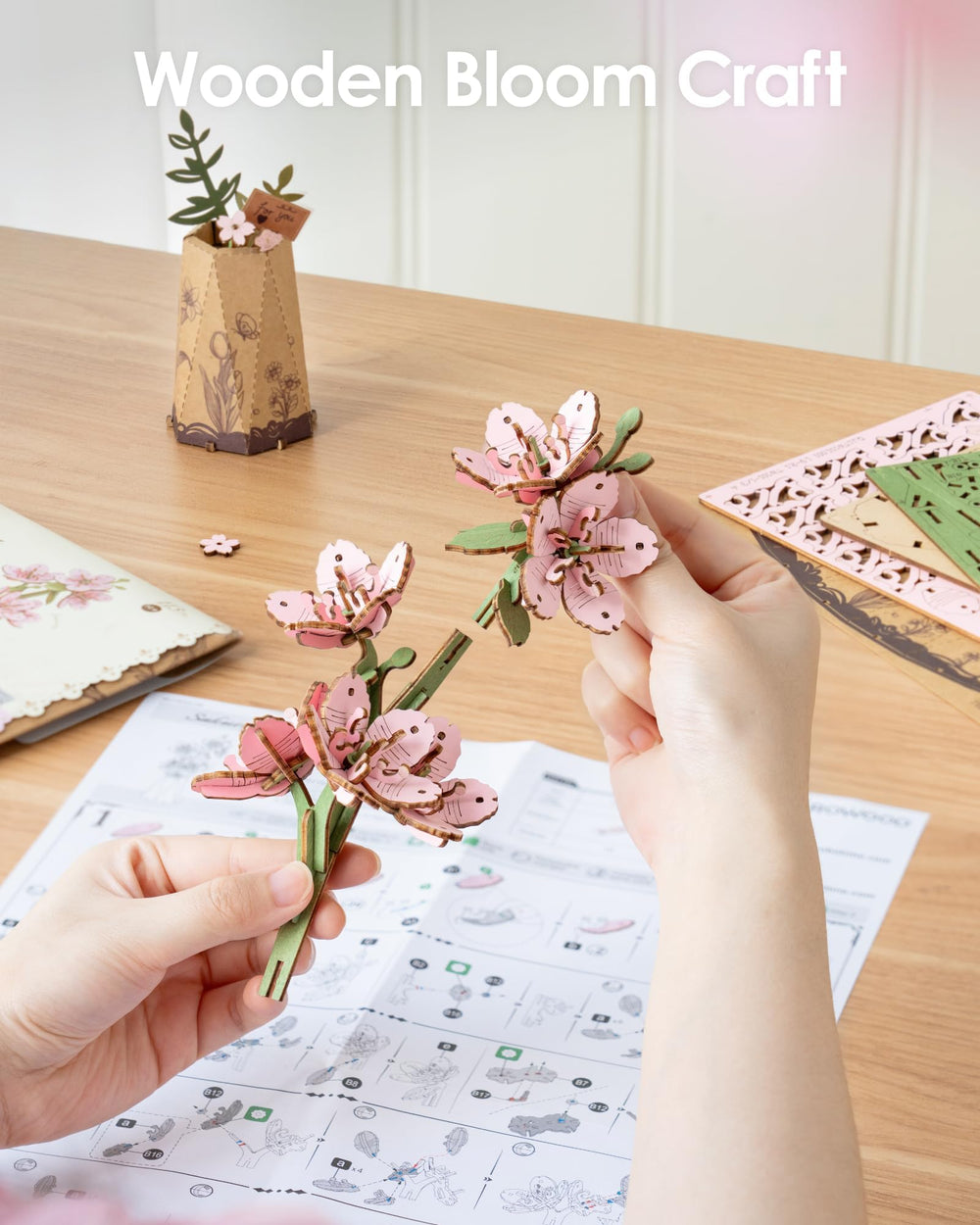 ROBOTIME wooden flowers leaves sakura showing natural textures for a lifelike look