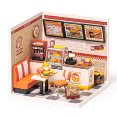 Robotime Yum Yum Burgers interior counter scene for a realistic diner display
