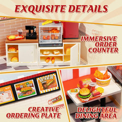 Robotime Yum Yum Burgers LED lighting setup illuminates the mini scene