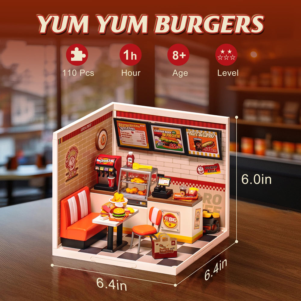 Robotime Yum Yum Burgers pre-finished parts simplify quick assembly