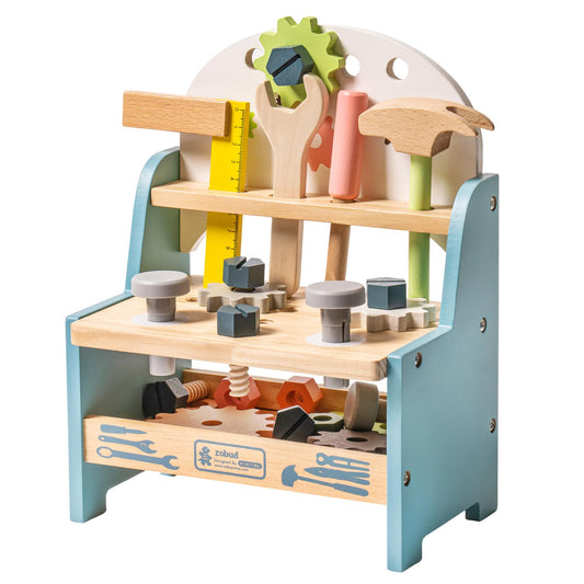 ROBUD mini wooden play tool workbench helps kids develop fine motor skills during assembly