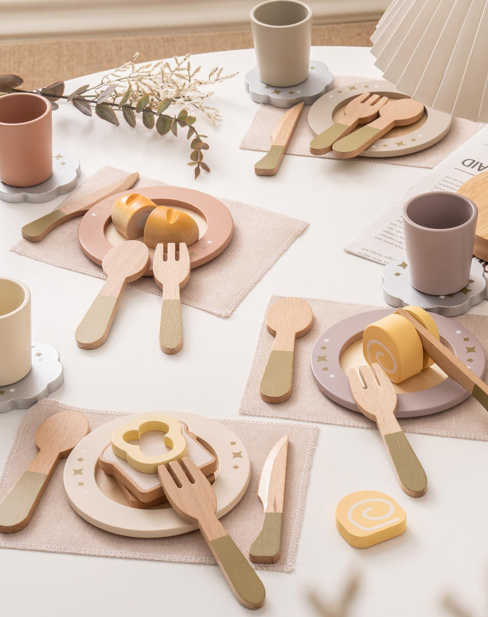 ROBUD wooden play dishes set plates enhance imaginative meal times.