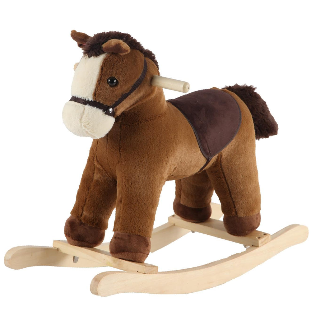 Rock My Baby rocking horse front view in dark brown velvet for a timeless nursery centerpiece.