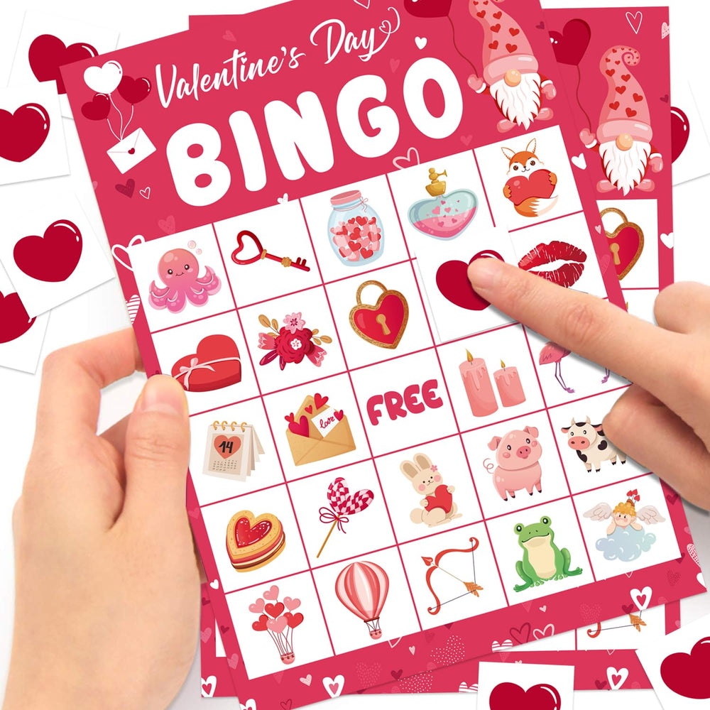 ROCWOHO gnome-themed bingo card design with festive Valentine flair.