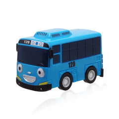 Rogi the Little Bus wind-up prankster closeup captures playful energy for storytelling.
