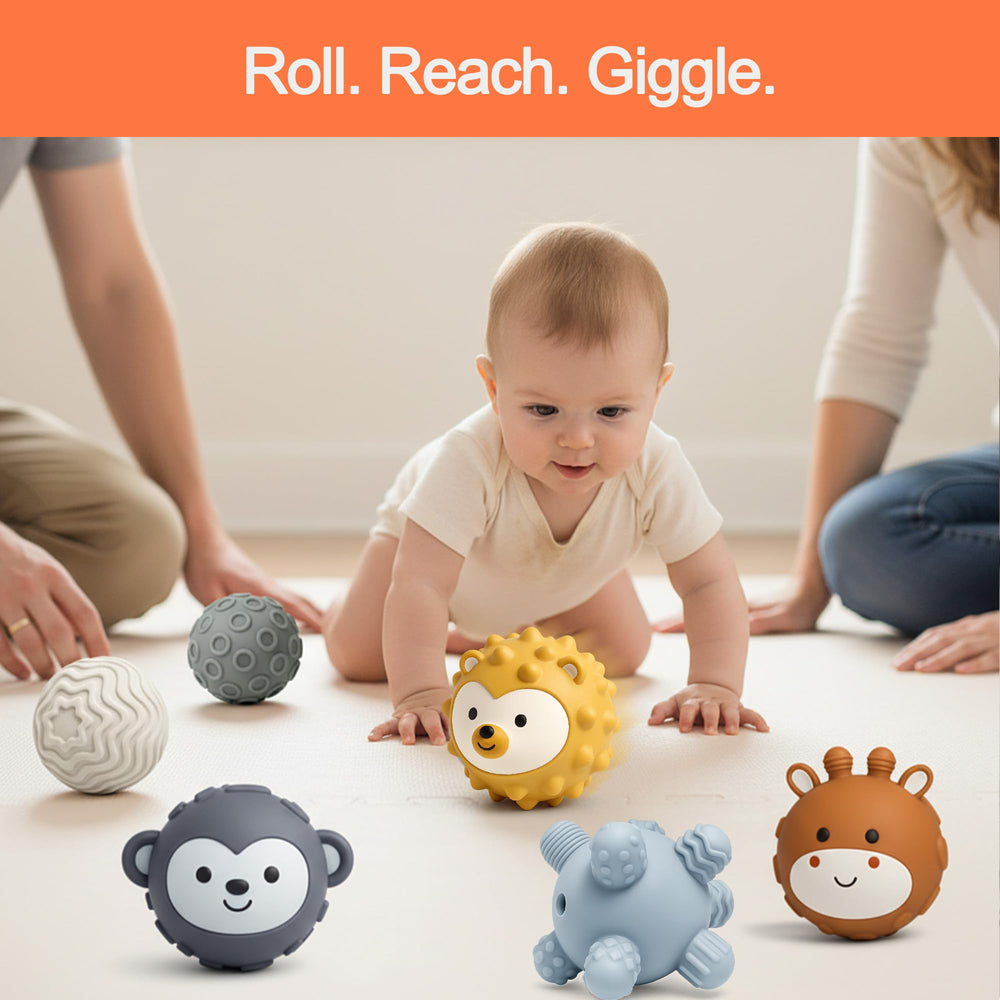 ROHSCE textured-grooves ball fosters hand-eye coordination and cause-and-effect learning.