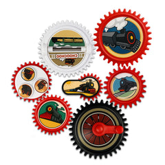 ROHSCE train-themed magnets on fridge for STEM learning and hands-on play